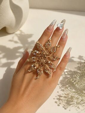 Gold Floral Statement Ring | Crystal Rhinestone Adjustable Cocktail Ring